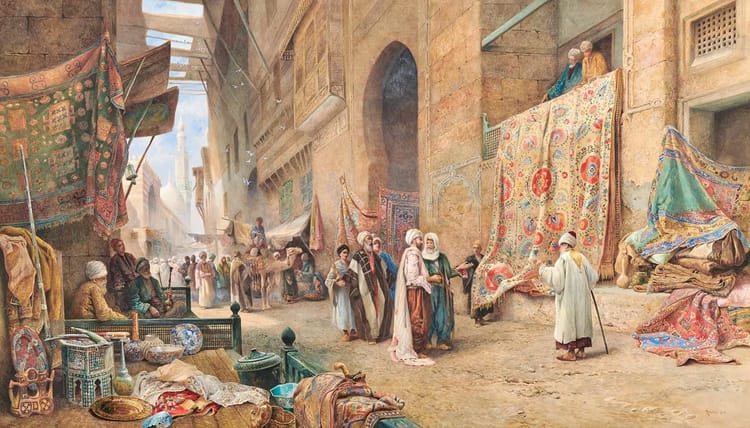 British painter Charles Robertson's 'A Carpet Seller, Cairo' depicts one of his favourite scenes. It is estimated to fetch £150,000 (Dh672,225) to £200,000. Najd Collection